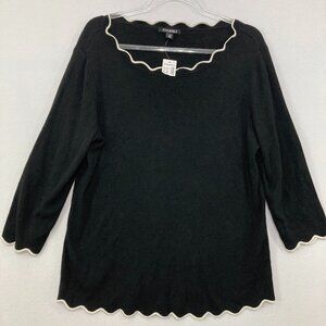 New Roz & Ali size 2X Black White Scallop Hem 3/4 Sleeve Light Sweater Feminine